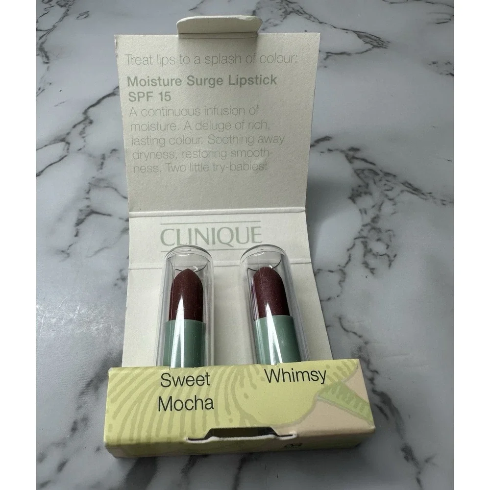 Clinique Moisture Surge SPF 15 Lipstick 2 Pack Travel Sweet Mocha & Whimsy NIB
